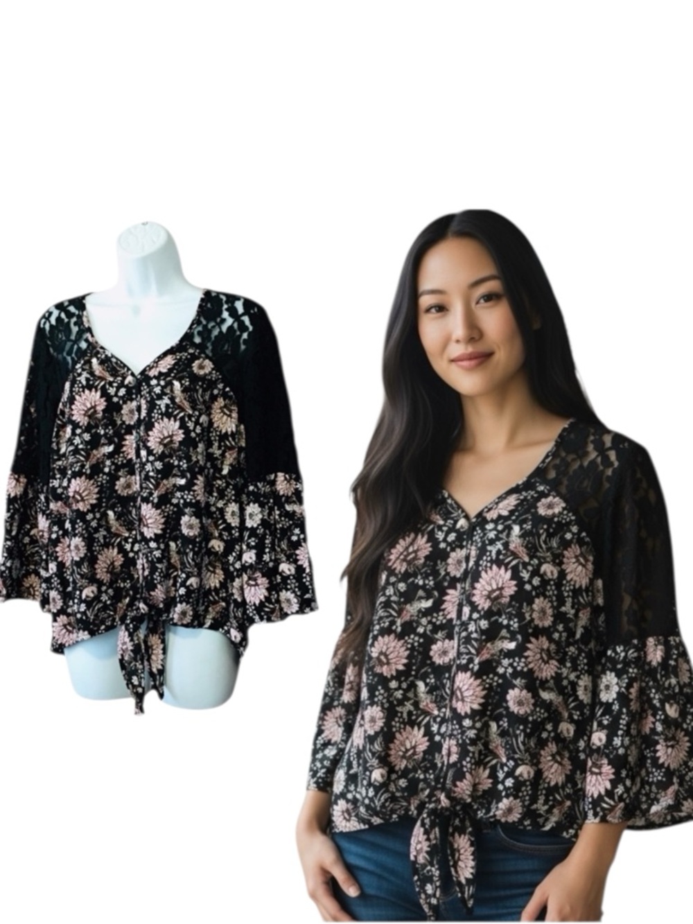 KNOX ROSE Boho Bell Sleeve Black Pink Floral Lace Button Down Top Women’s Small - Picture 2 of 14